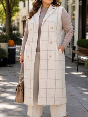 Rachel Zoe Cream Taupe Windowpane Knit Long Vest Trench Coat Plus Size Breasted